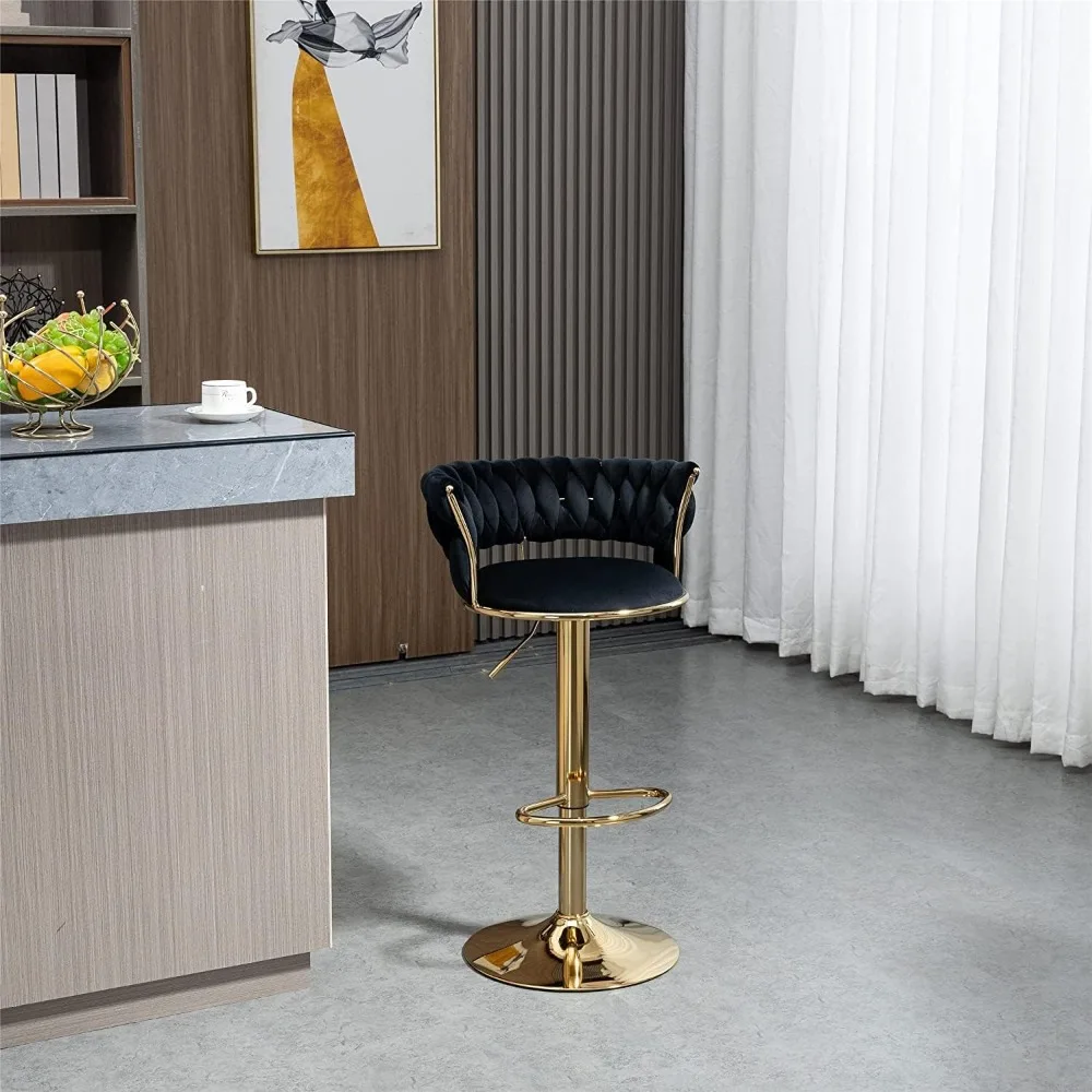 

360° Velvet Swivel Bar Stools with Low Back & Footrest, Adjustable Counter Barstools, Gold Bar Stool (Set of 2, Black)