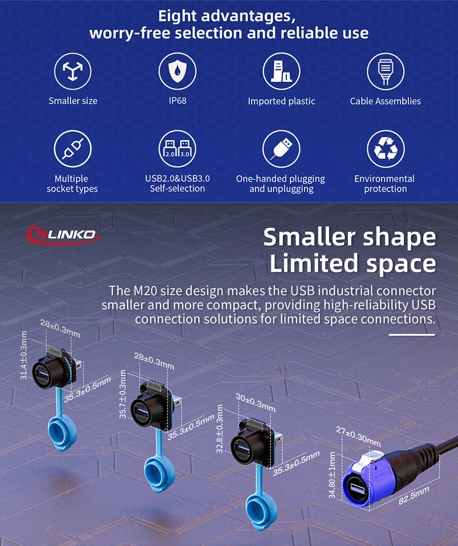CNLINKO M20 IP68 USB 2.0/3.0 Wasserdichte Buchse – Panelmontage, 5 Gbit/s Schnelles Laden/Synchronisieren für Industrie- und Outdoor-Geräte – Detail 1