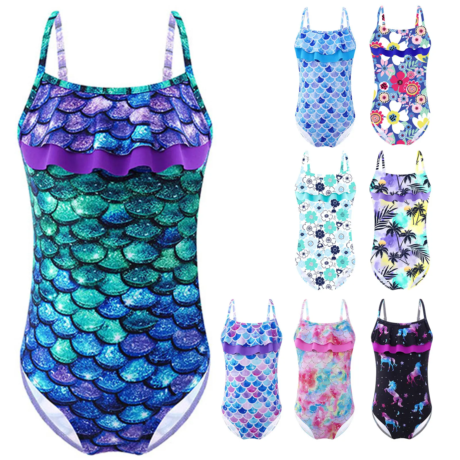 Kids Girls Mermaid Fish Scales Cutout Backless Swimsuit One Piece Ruffle Swimwear Bathing Suit Pool Bathing Suit Beachwear