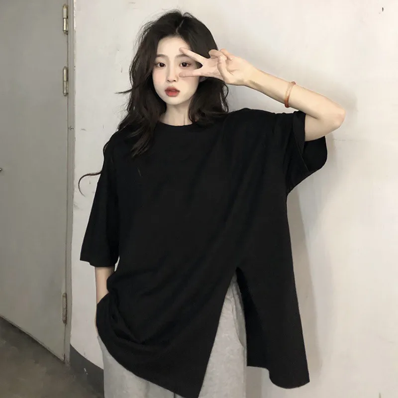 Solid Color Round Neck Split T Shirt for Women 2024 Loose Trendy Office Top