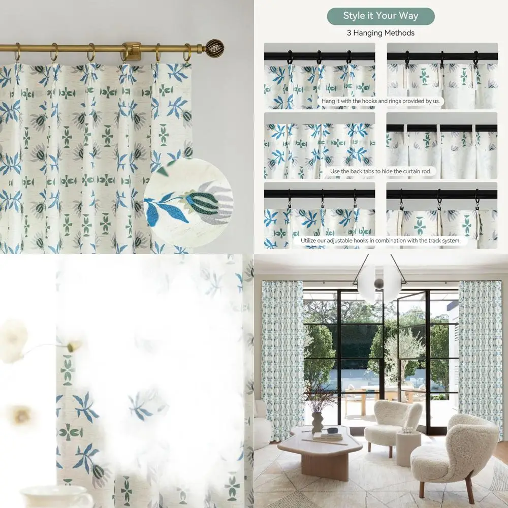 ستائر كتان أنيقة بطيات، 95 طويلة، لمساحات المعيشة مع خطافات، لوحين، 40 واسعة