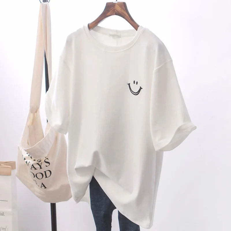 1pcs Girl Summer Smile Print T-shirts Women Classic Basic Fashion Tees Students Short Sleeve Loose Tops Female Round Neck Tshirt