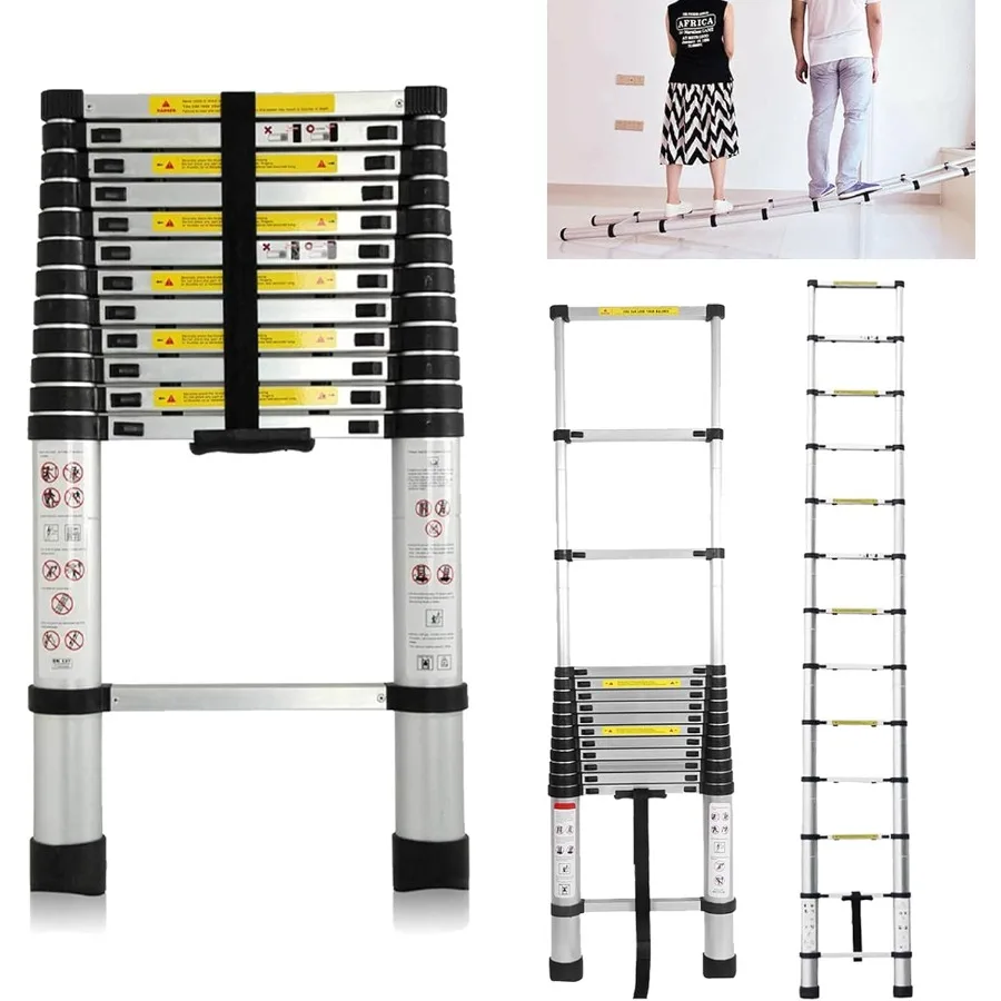 

12.5FT 3.8M Telescoping Ladder Multi Purpose Aluminum Telescopic Extension Ladders with Spring Load Locking Mechanism NonSlip S