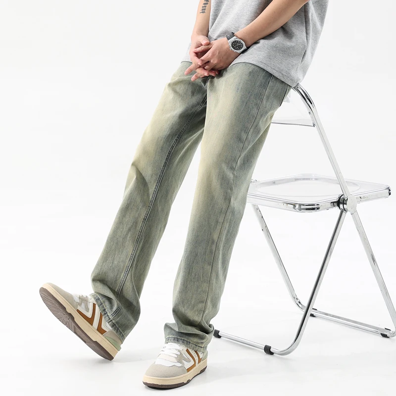 2024 Spring and Summer All-Match Yellow Mud Dyed Washed Worn Jeans Men's Korean Fashion Stretch Retro Straight Tall Trousers
