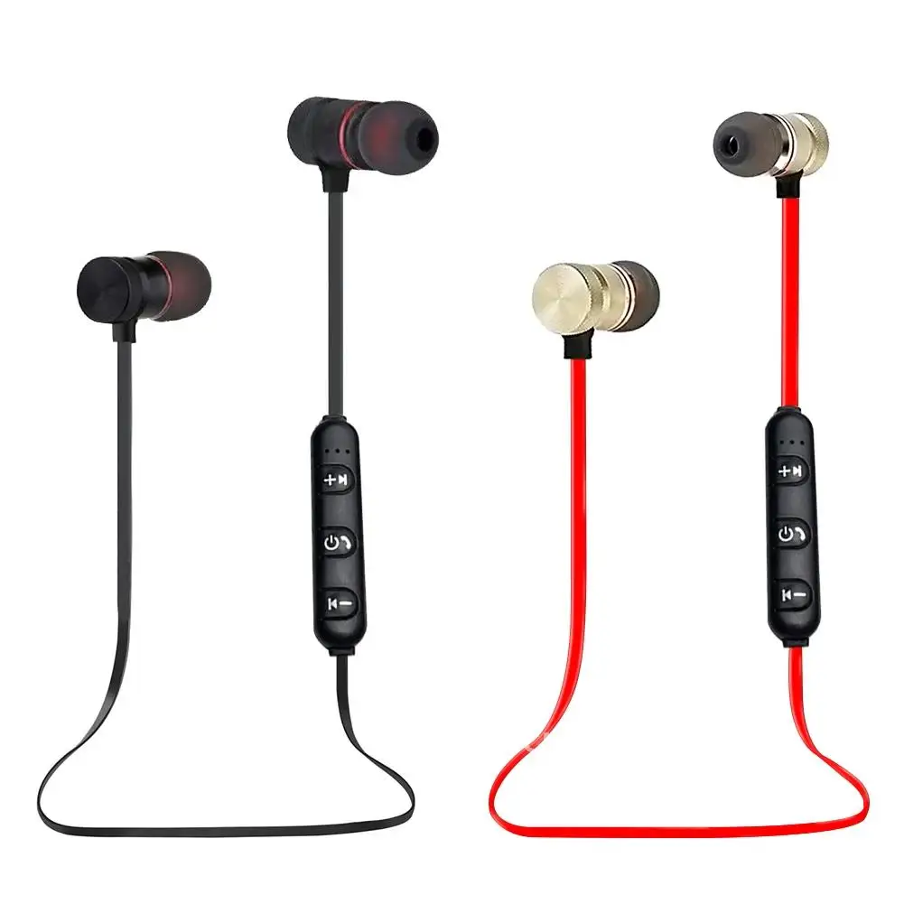 Neckband Earphone nirkabel magnetik Bluetooth 4.1, earbud Stereo headphone logam musik dengan mikrofon untuk semua ponsel