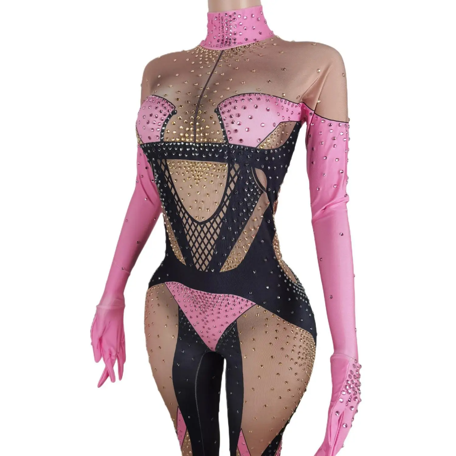 Sexy Pink Rhinestones Jumpsuits Woman Nightclub Print Leotard Singer Costume Birthday Party Pole Dance Drag Queen Stage Wear