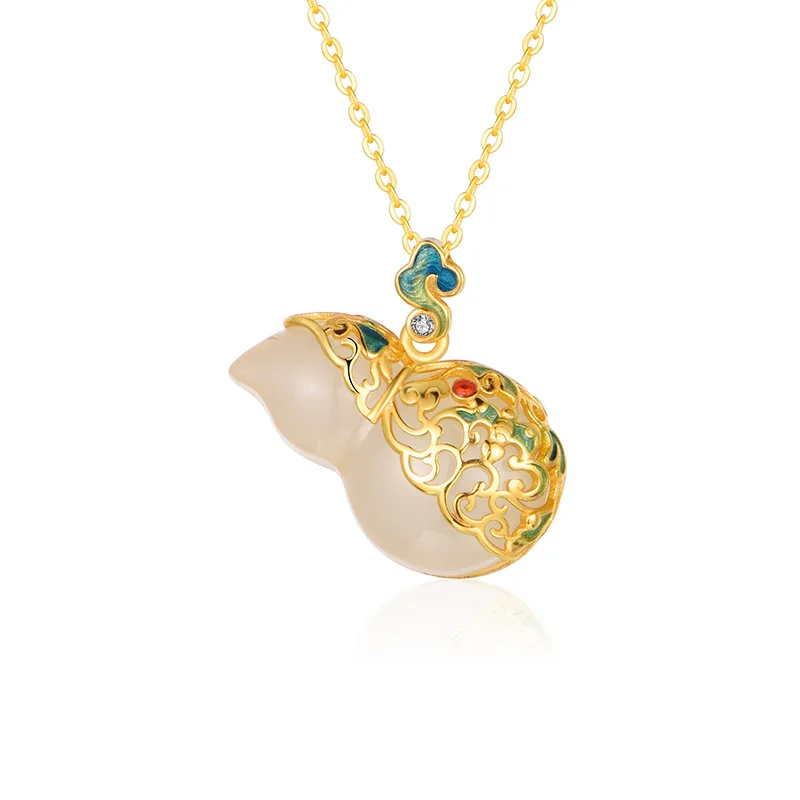

New Guochao gourd necklace niche Hetian jade sterling silver Guofeng Fulu exquisite pendant