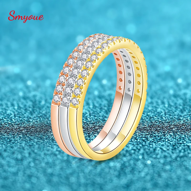 Smyoue 3pcs 0.2ct Moissanite Eternity Ring for Women Men 1.3mm 18k Gold Plated Sterling Silver Wedding Moissanite Band Jewelry