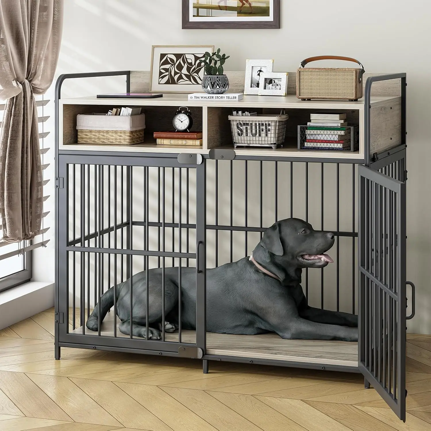 

Large Furniture Dog Crate, Dog Kennel Indoor, Wood Dog Cage Table with Drawers Storage, Heavy Duty Crate, Jaula para Perros