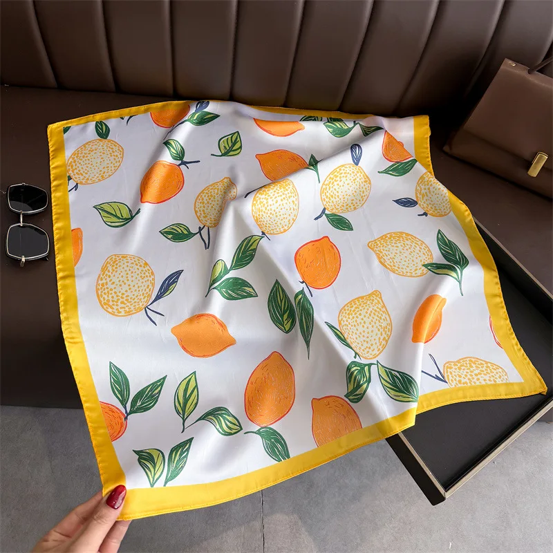 Quadratischer Seidenschal mit Zitronenmuster für Damen, luxuriöses, weiches Satin-Halstuch, dünner Halstuch, modischer Sonnenschutz-Kopftuch für Damen, Taschenband – Detail 5