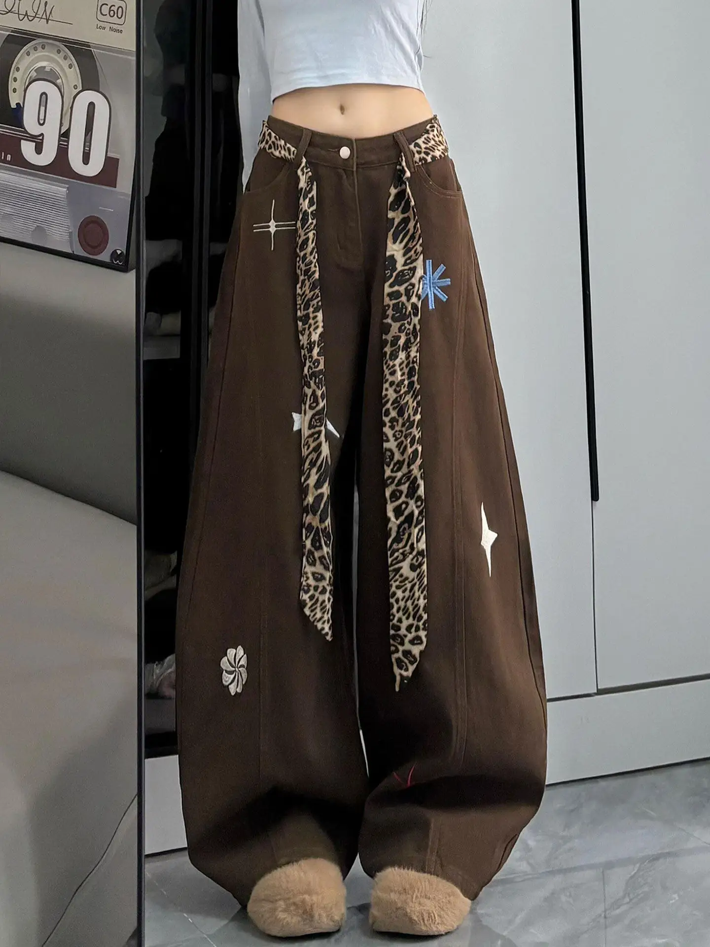 

Y2K Jeans American Retro Leopard Print Waistband Embroidered Curved Knife Women Autumn Loose Casual Pants