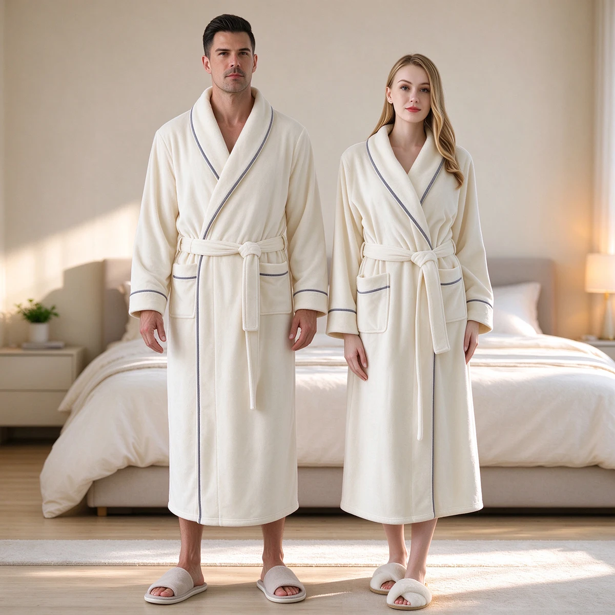 Paar-Bademantel für Damen und Herren, Flanell-Fleece-Morgenmantel, dicker, warmer Plüschmantel mit Schalkragen und Gürtel, Winter-Schlafanzug, Loungewear – Detail 7