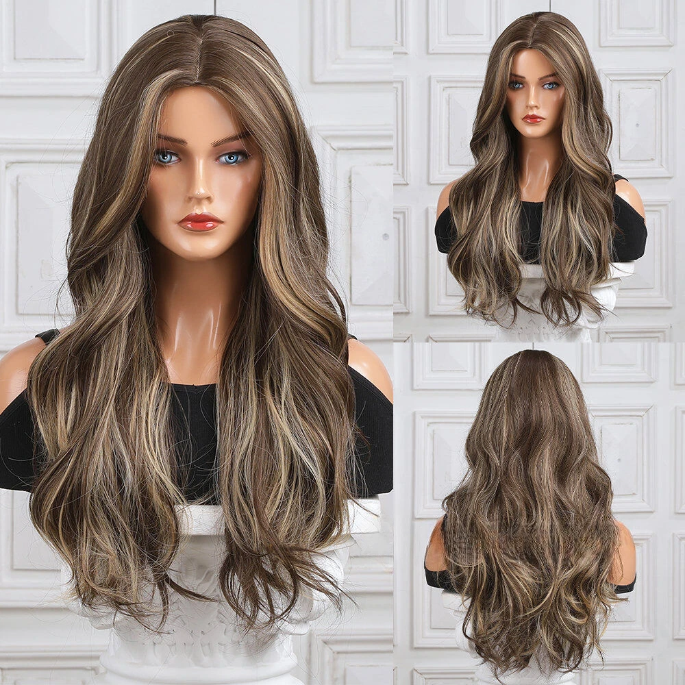 

Long Wave 24 In Hair with Bangs for Women Brown Mix Highlights Blonde Daliy Wigs