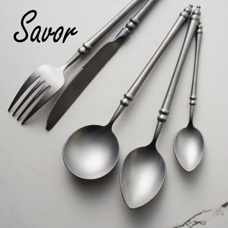 Retro Scrub 304 Stainless Steel Flatware Kitchen Cutlery Steak Knife Fork Spoon Dessert  Vintage restaurant