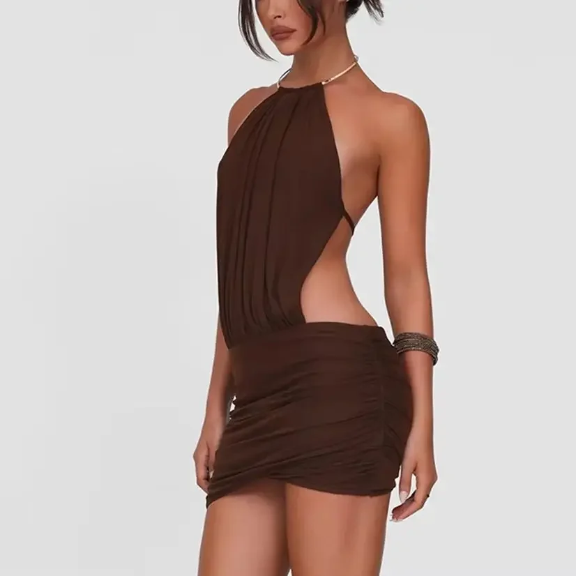 

Sexy Metal Ring Halter Ruched Bodycon Mini Dress Women 2026 Summer Sleeveless Lace Up Backless Hipster Slim Party Clubwear Vesti