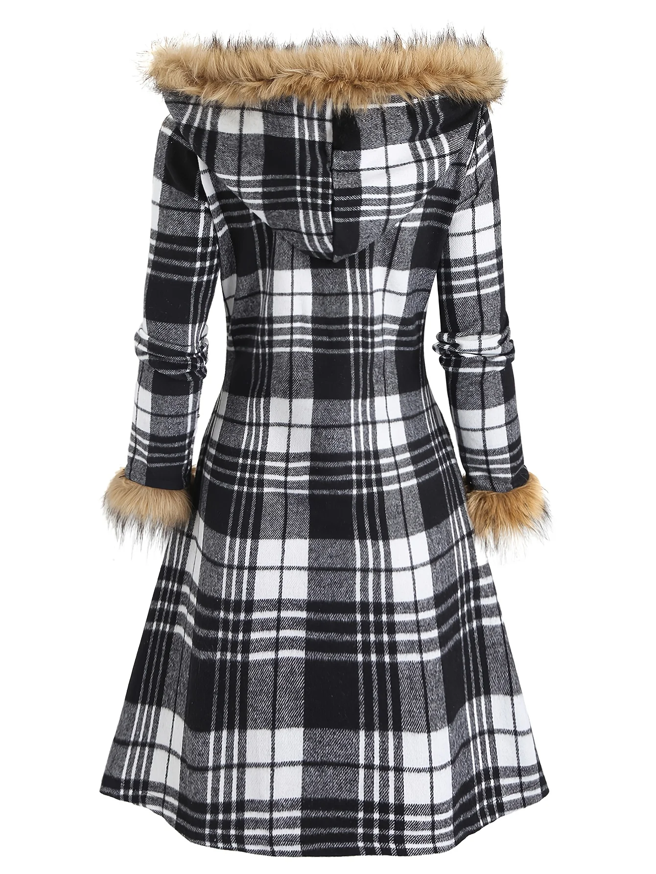 2025 Chaqueta con capucha y cuello de piel nueva de invierno para mujer, chaqueta de invierno a cuadros retro gótica