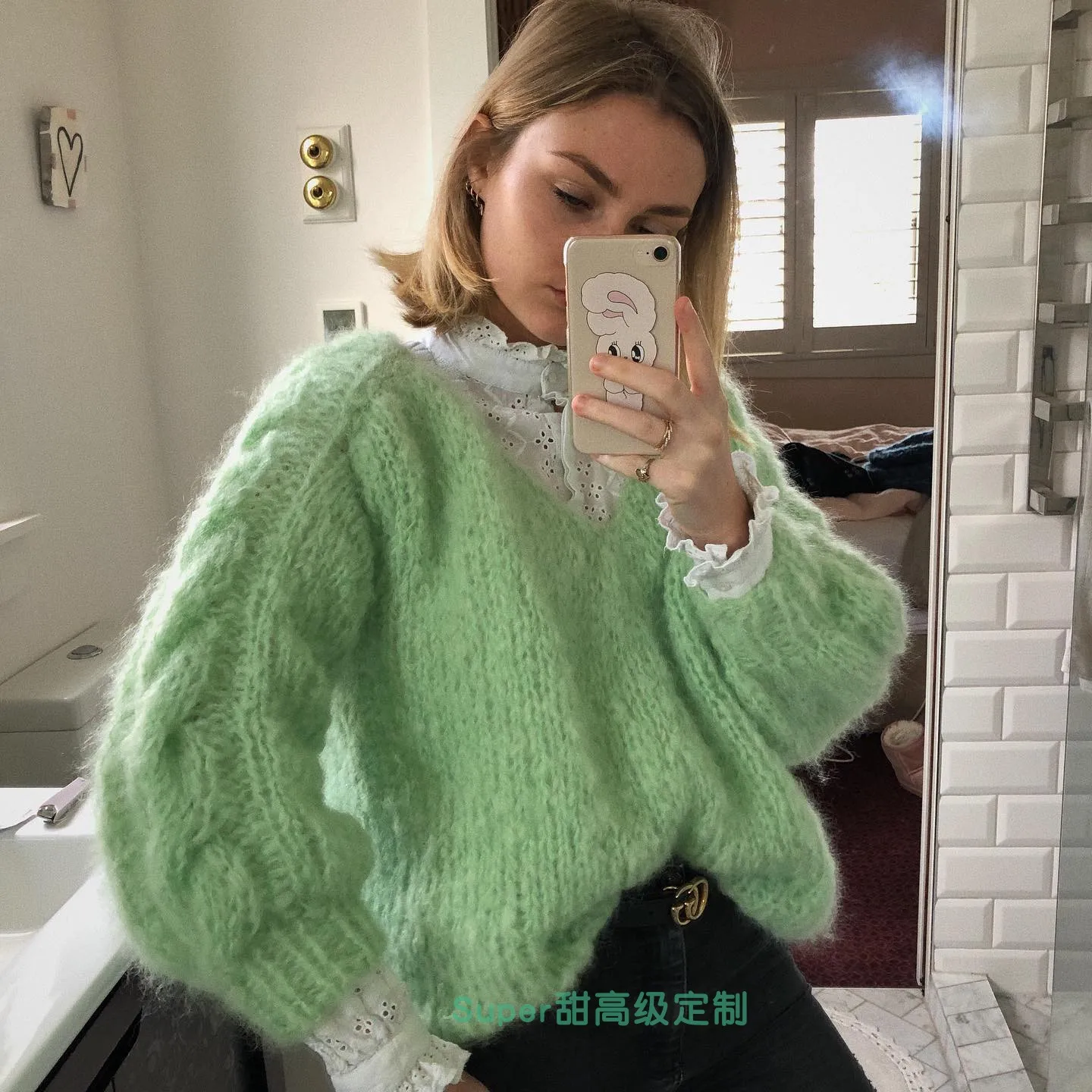 Ins Hot little fresh V-neck Fried Dough Twists sleeve loose pullover lazy style bubble sleeve mohair sweater women's blouse wome