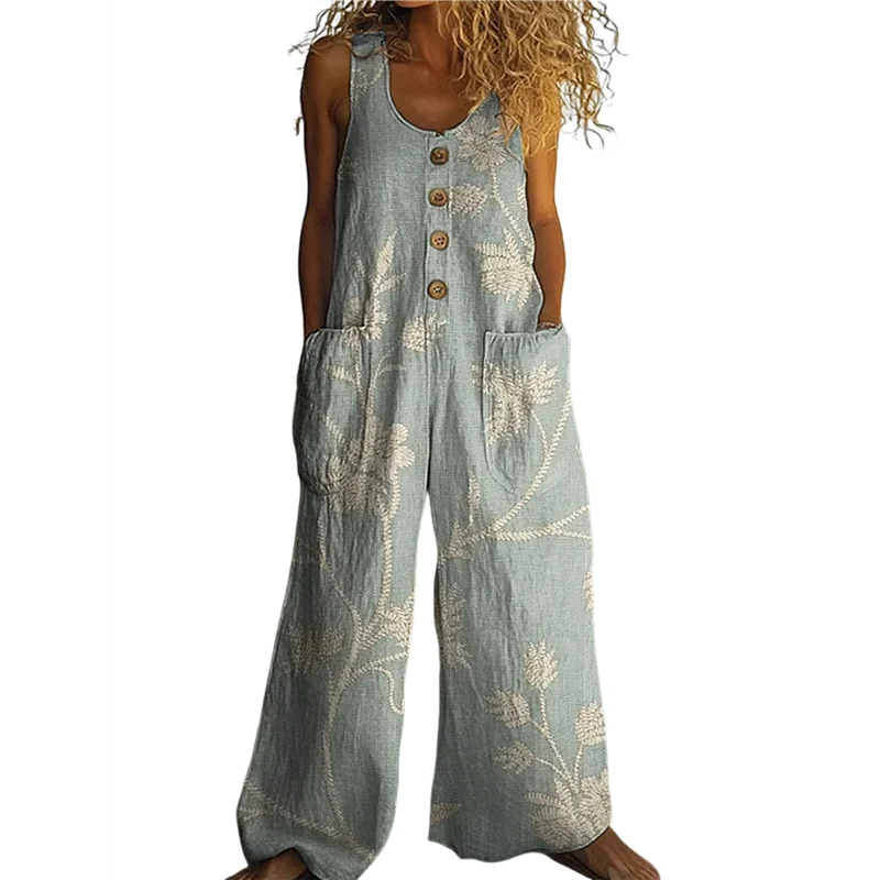 

【SEE】Women's Summer Boho Casual Jumpsuits Wide Leg Overalls Floral Print Baggy Rompers With Pockets