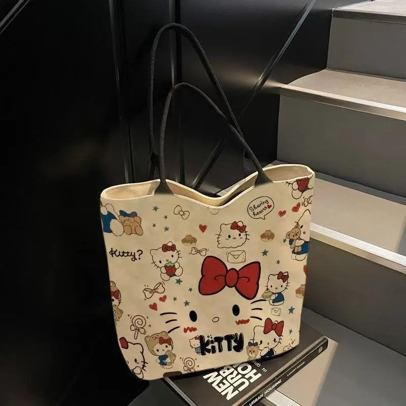 

Sweet Hello Kitty Anime Kawaii Sanrio Ins Canvas Bag Cute Cartoon Fashionable Handbag Commuting Storage Bag Gifts for Kids