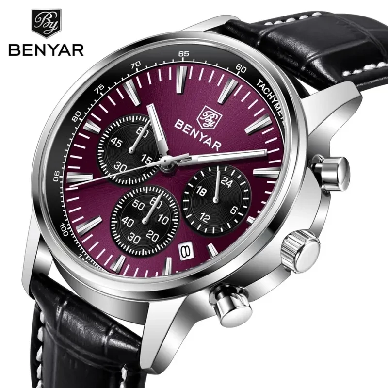 Benyar 2026 New Luxury Watches For Men Date Chronograph Lrather Man Watch Waterproof Luminous Sport Military Men's Quartz Watch