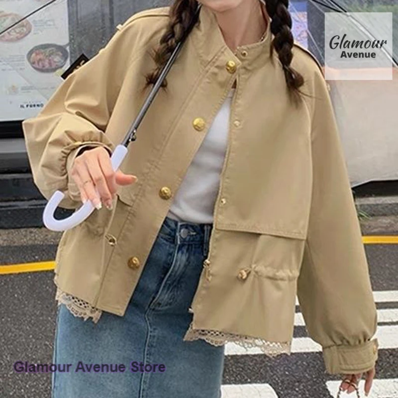 

French solid color lace stitching short coat women's spring and autumn new fashion temperament design casual Joker jacket