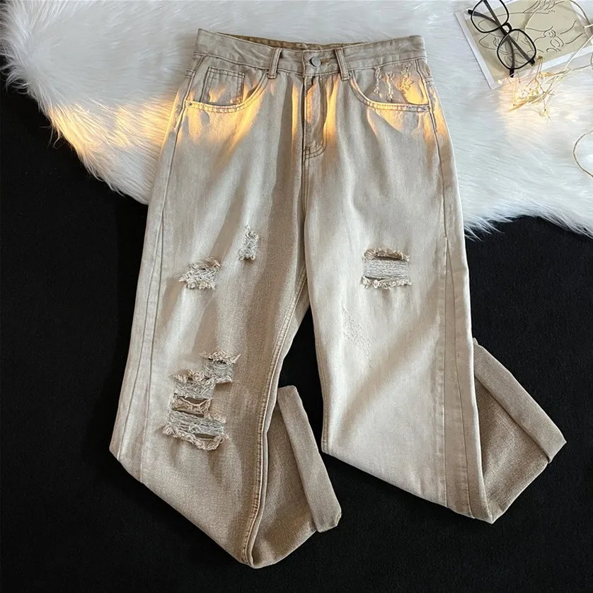 

Ripped Loose Fit Casual Men's Jeans Vintage High Street Straight Leg Long Trousers Autumn Faion Trend Youth Water Wa