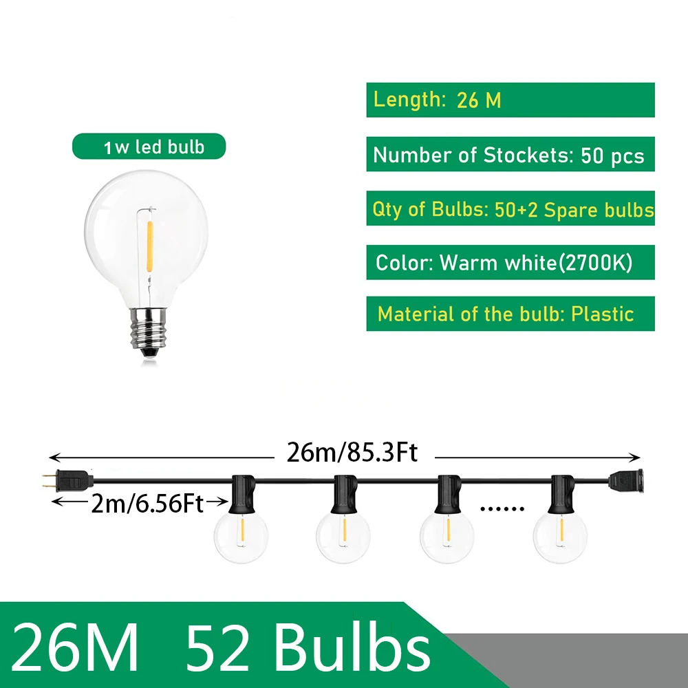 Outdoor Lichtslingers LED G40 Dimbare Party Garland Globe Lampen String Lamp Voor Straat Patio Tuin Achtertuin Camping Decoratie