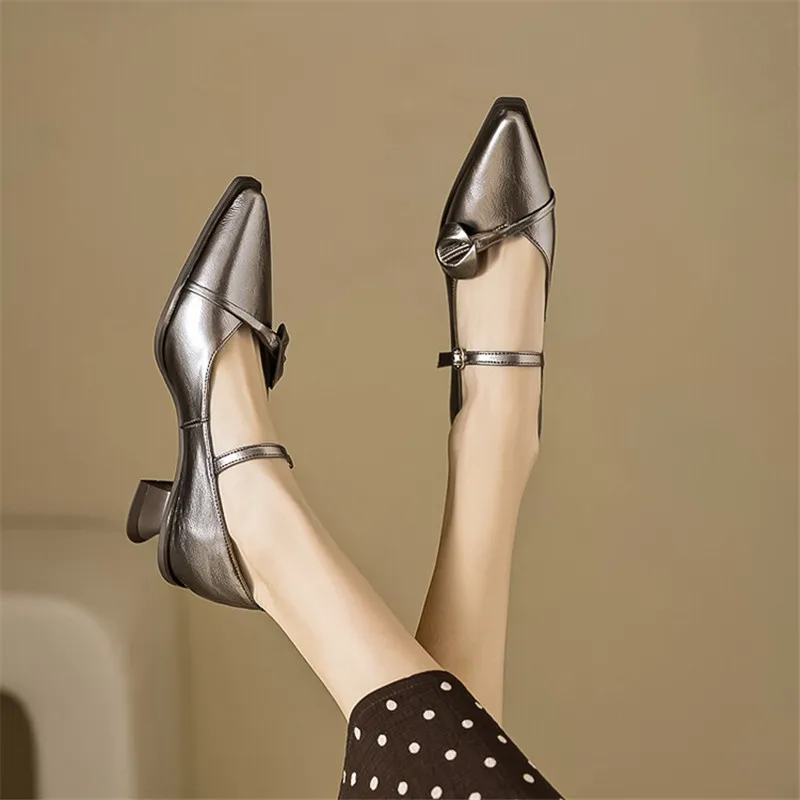 New Spring Split Leather Women Shoes Pointed Toe Women Pumps Shallow Loafers Shoes for Women High Heels Ladies Mary Jane Shoes