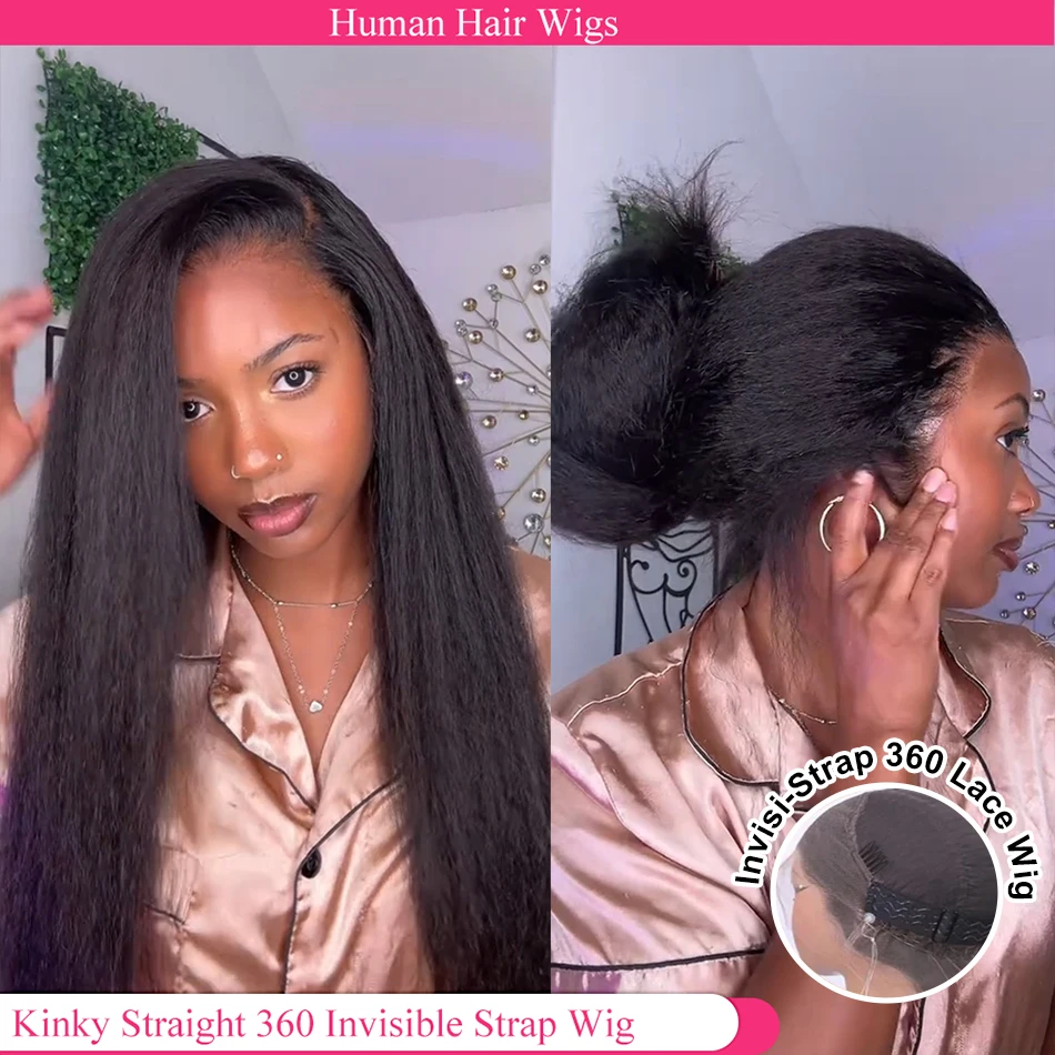 

Invisible Strap HD 360 Lace Front Wig Human Hair Kinky Straight Preplucked 360 Full Lace Wig Drawstring Glueless Wig Human Hair