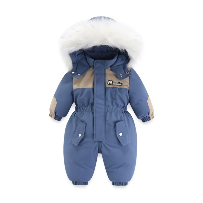 

2025 Winter Toddler Girl Bodysuit Fur Hood Zipper Kids Baby Girl Overalls Elastic Waist Waterproof Newborn Girl Snowsuit Outwear