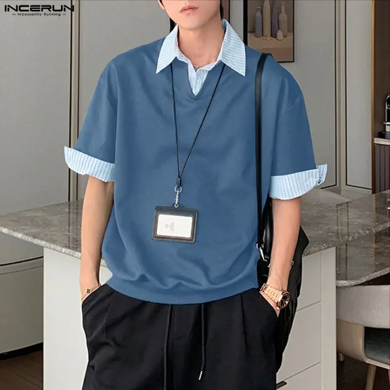 

INCERUN Men's Shirt Striped Patchwork Lapel Short Sleeve Casual Menswear Clothing Summer Shirts Loose Korean Style Fashion Tops