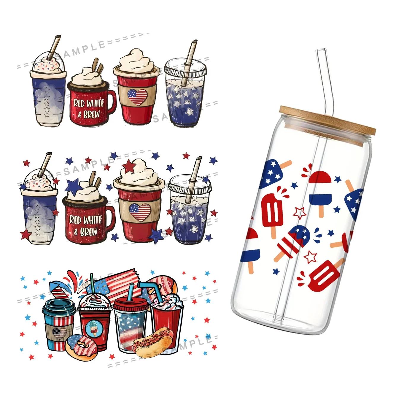 Independence Day For Libbey 16oz Can Glass UV DTF Coffee Can Wrap Libbey Glass Wrap USA Pattern