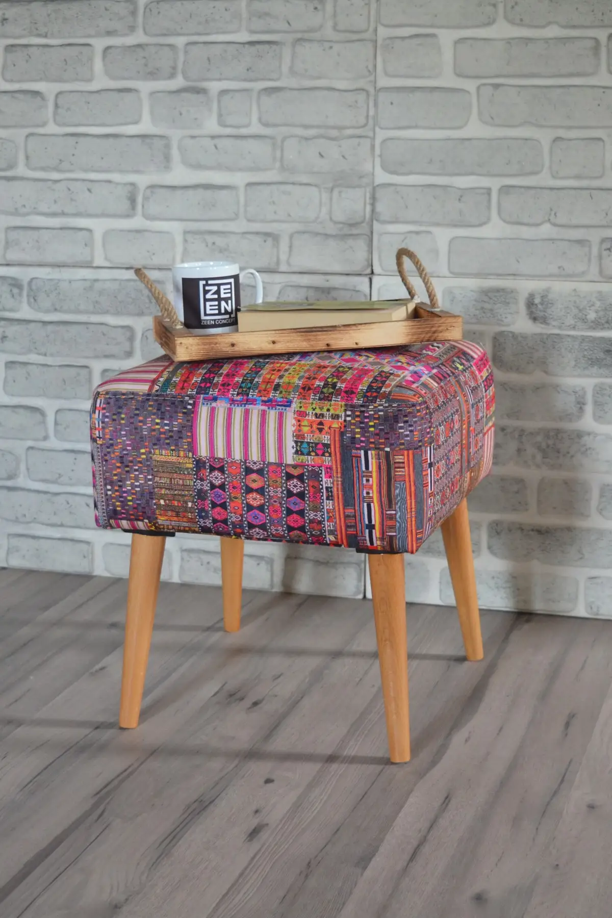 

Praga Square Pouf Rug Patterned Home Decoration Coffee Table Stool Cedar Wooden Legs