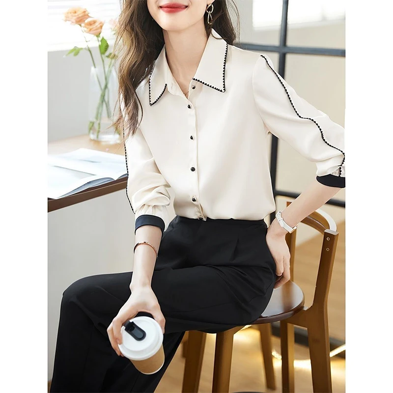 Spring Autumn Korean Fashion Polo-neck Elegant Patchwork Shirt Female Long Sleeve Cardigan All-match Top Women Buttons Blouse