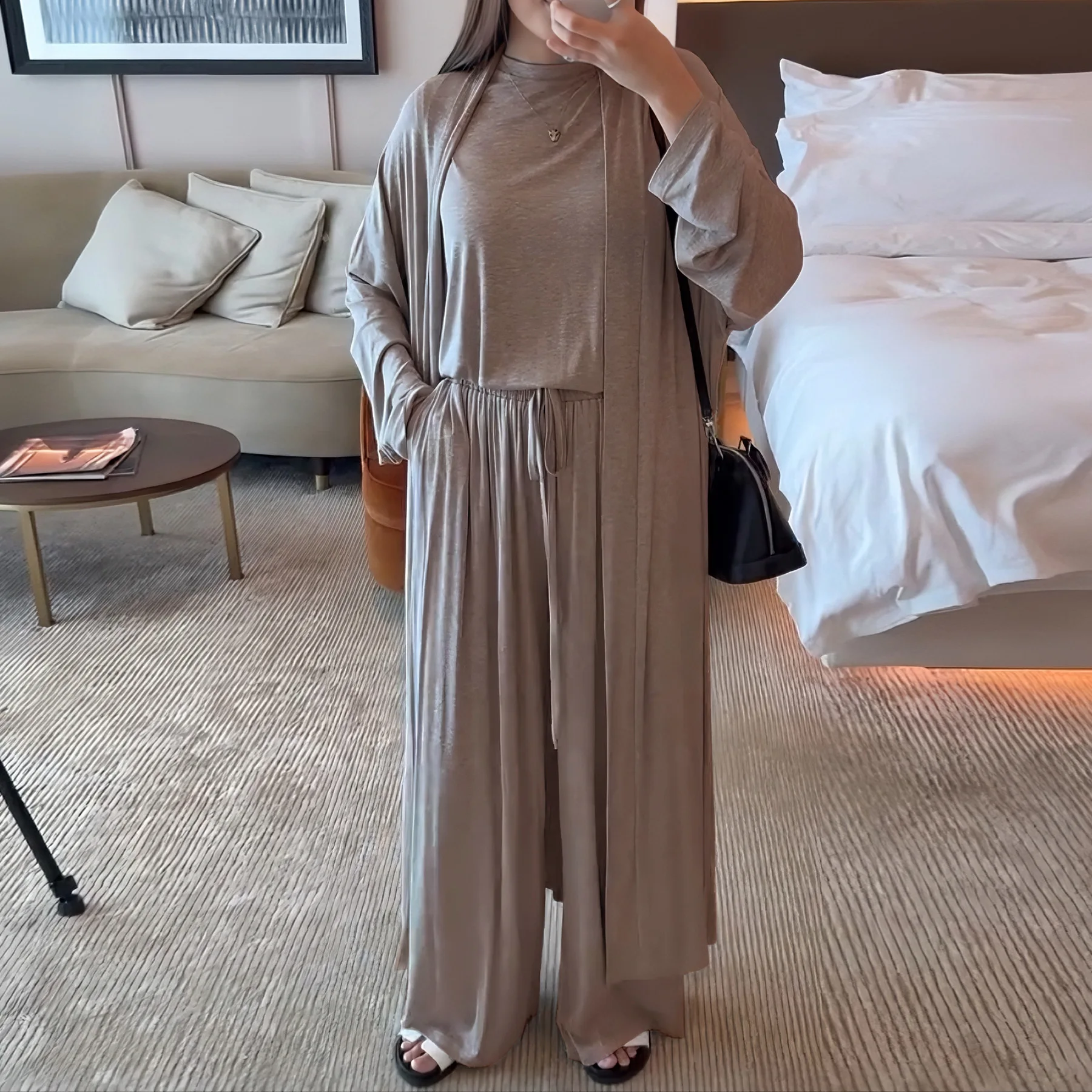 

Eid 3 Piece Muslim Woman Set Abaya Dubai Luxury Modal Plain Kimono Top Pants Suit Sets Modest Outfit Islamic Clothing for Women