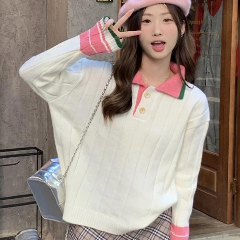 Sweet Color Collision Pullovers Women Long Sleeve Polo-neck Autumn and Winter New Japanese Style Short Knitted Sweaters Female