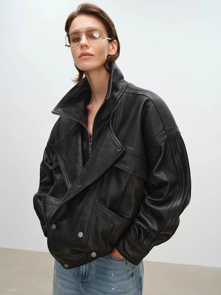 Vintage Genuine Leather Motorcycle Jackets for Women Autumn Winter High-end Solid Simple Stand Collar Bubble Real Sheepskin Coat