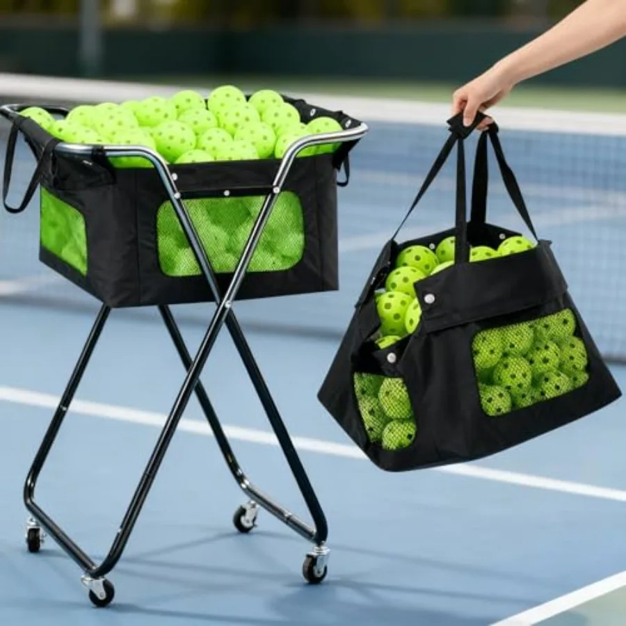 

Dinkball Caddy Foldable Tennis Ball Basket Hopper with Wheels Portable Cart Holds 140 Dinkball or 175 Tennis Ball Basket Hopper