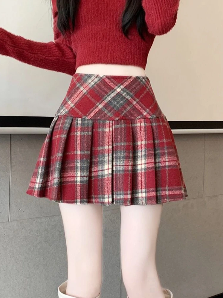 

Red Plaid Pleated Skirts Women Autumn Winter College Empire Y2k Sweet Preppy Style Mini Mujer Faldas Lovely Girls Cozy Hotsweet