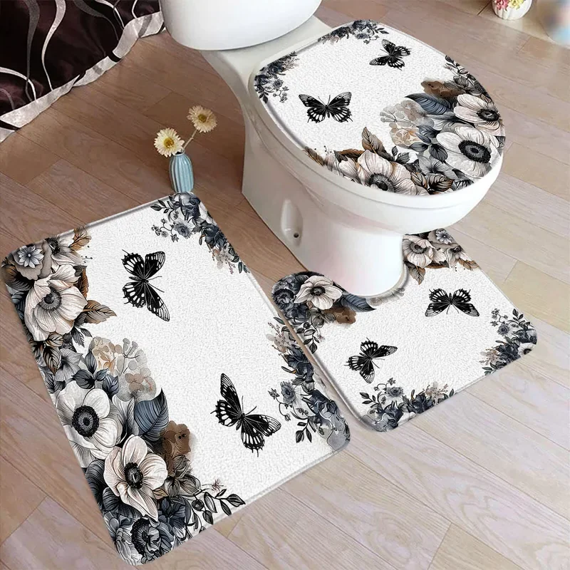 Tropical Floral Bath Mat Set Watercolour Flower Plant Leaves Green Home Entryway Carpet Bathroom Decor Doormat Rugs Toilet Cover