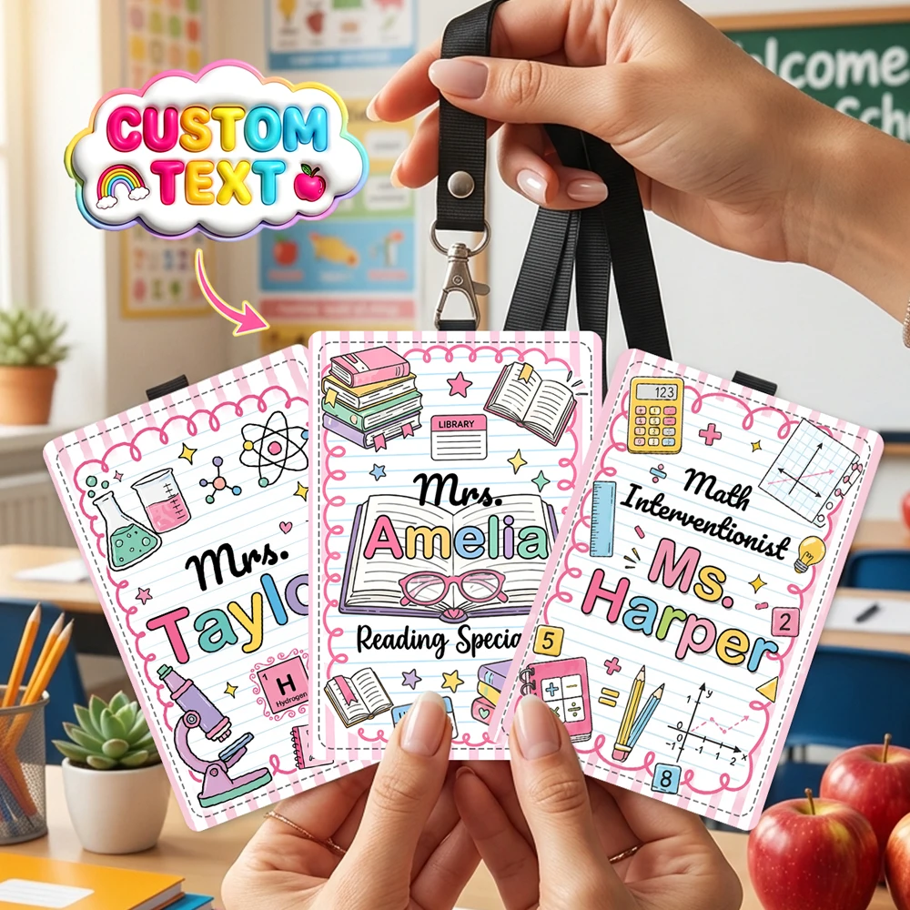 Custom Text Teacher ID Badge Holder With Lanyard,Subject Science Math Reading Pattern,Teacher Appreciation Souvenir Gift