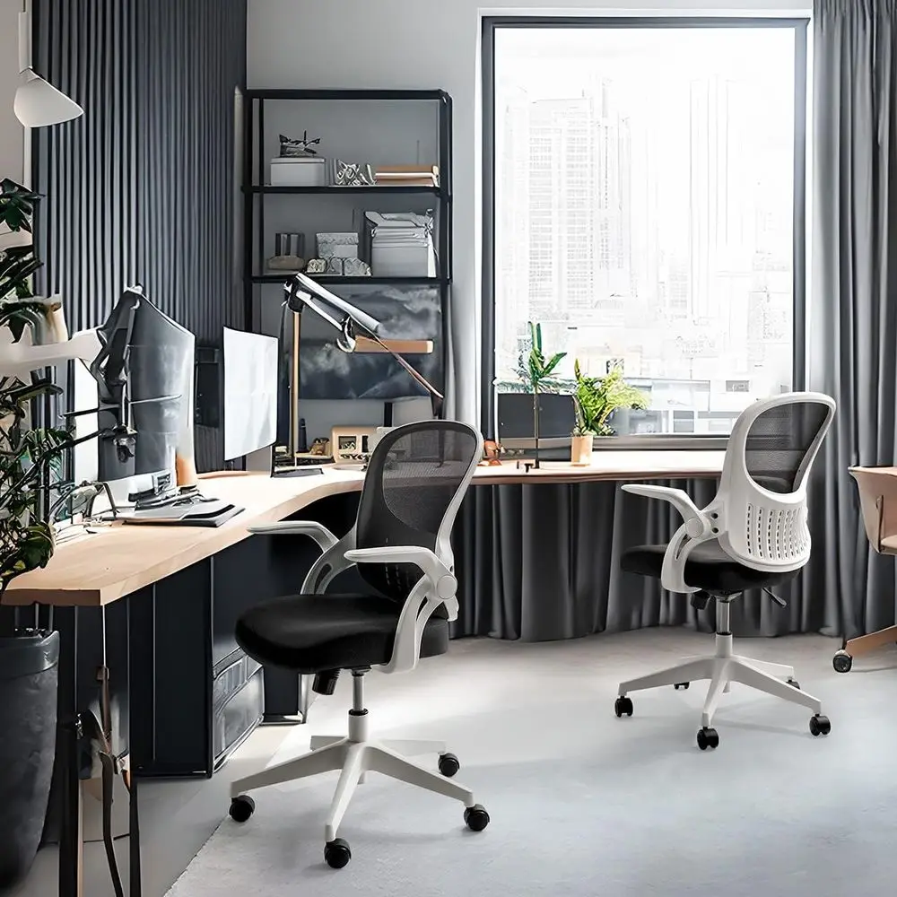Breathable Mesh Ergonomic Swivel Chair with Flip-Up Backrest, Adjustable Height, Lumbar Support, and Rolling Wheels for Home Off