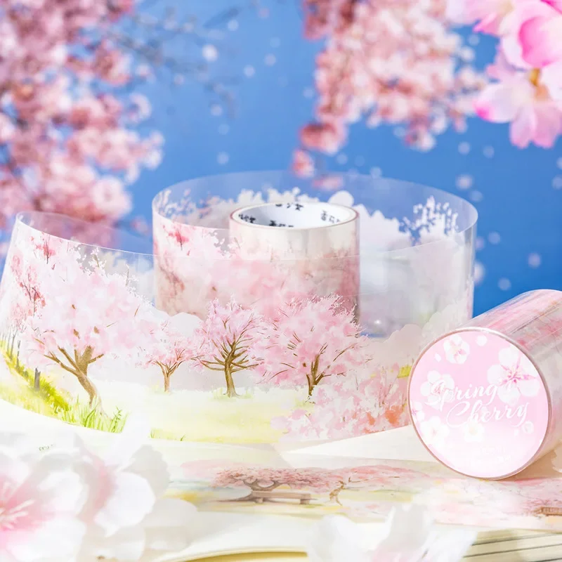 1Roll 2M PET Tape Cherry blossom season landscape handbook material collage European Adhesives stickers Scrapbook cut 50mm*2m