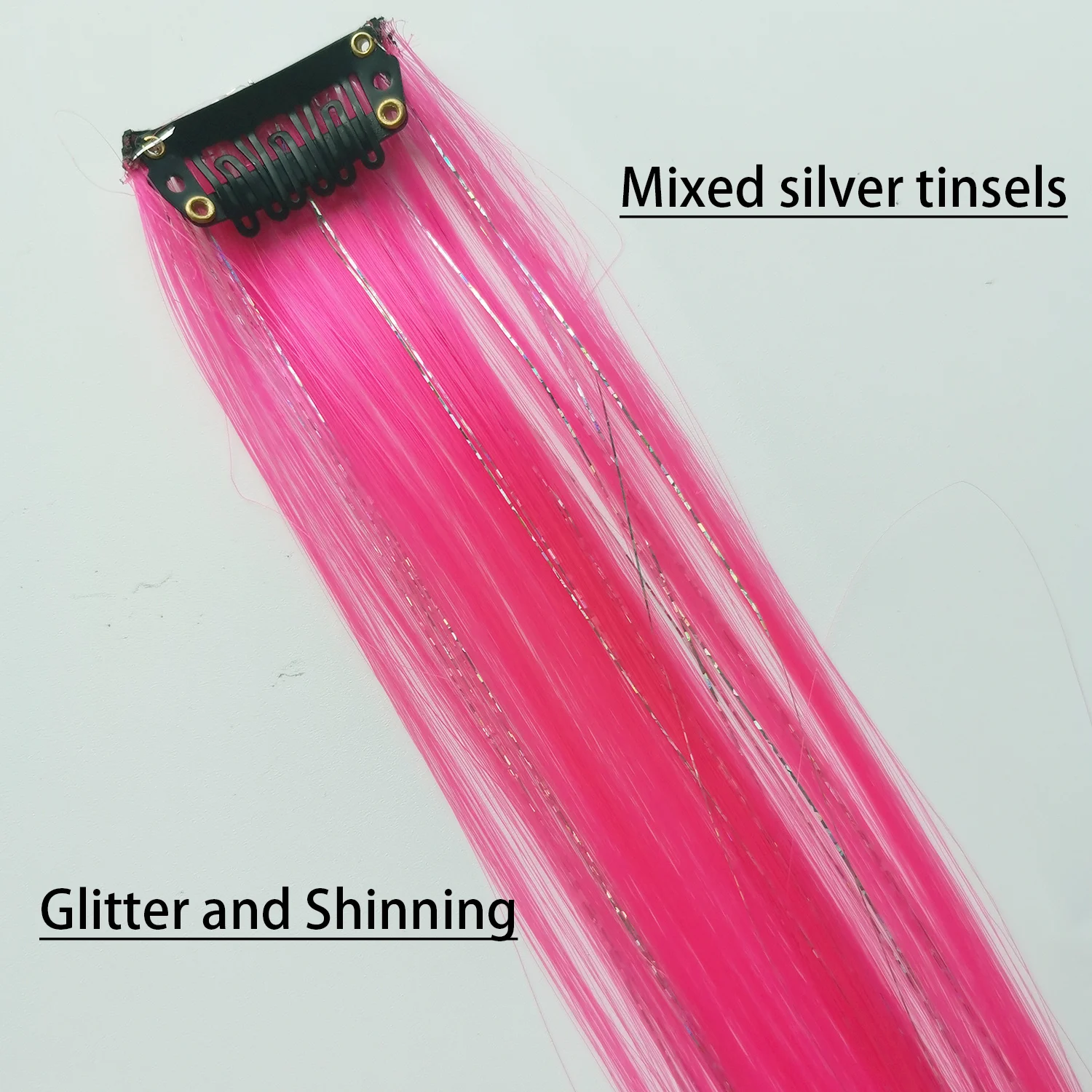 Clip in Colored Hair Extensions Mixed Silver Tinsels Synthetic 2 in 1 Rainbow Hairpiece Holiday Party Highlights for Women Girls