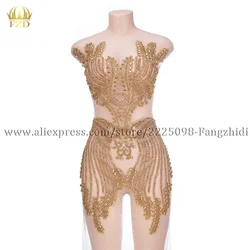 FZD 1 PCS Handmade Silver Gold Rhinestones Applique on Mesh Iron on Crystal Beads Lace Bodice Patches for Dress Wedding Patches