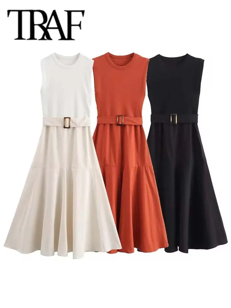 TRAF Knitted Dresses 2024 Women Sleeveless Long Dresses Woman Summer Belt Off White Black Midi Dress Elegant Casual Dresses