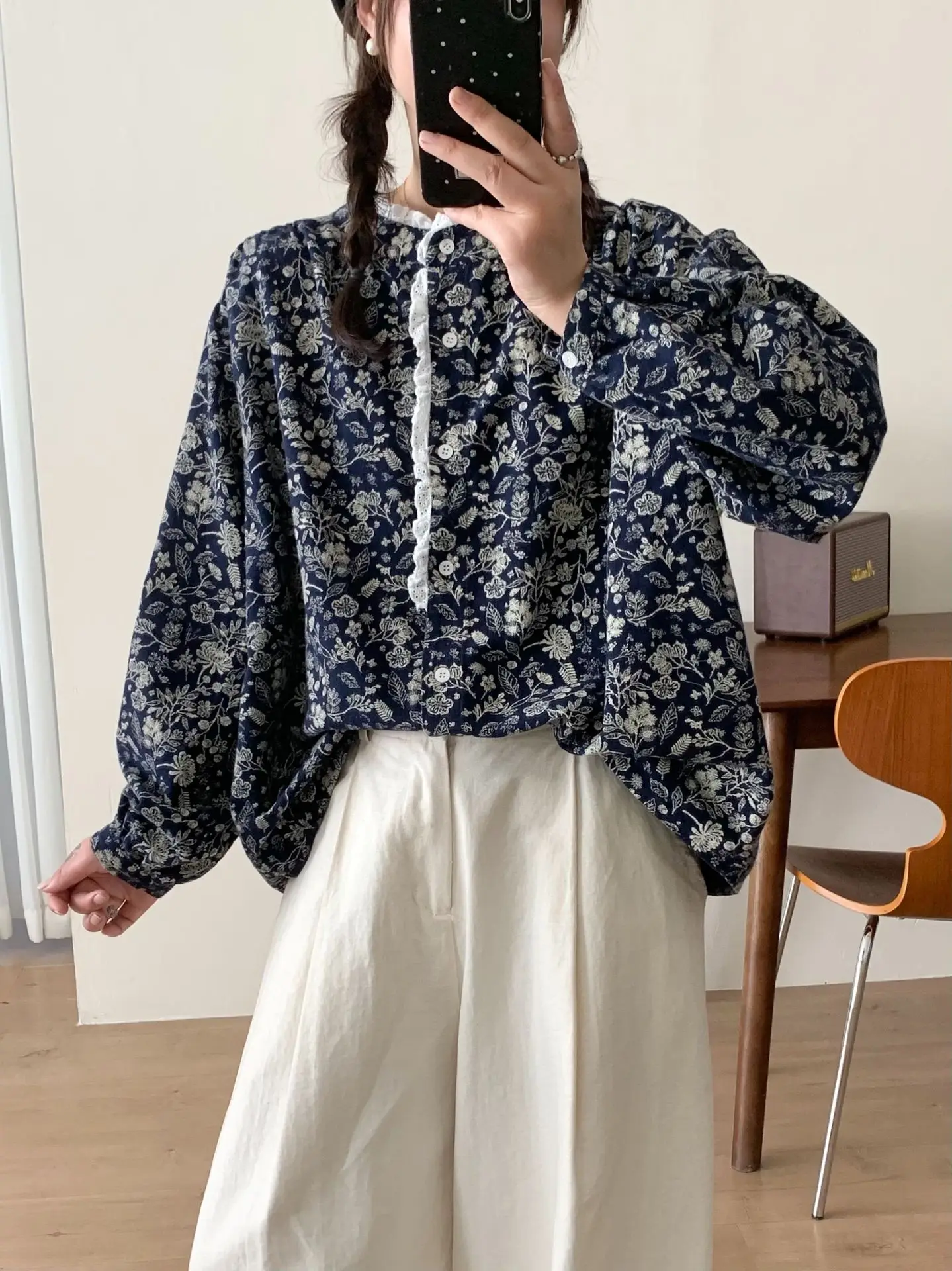 

Bust 128cm Mori girl spring Japanese style blue white rustic flower print oversized shirts long sleeve blouses vintage clothing