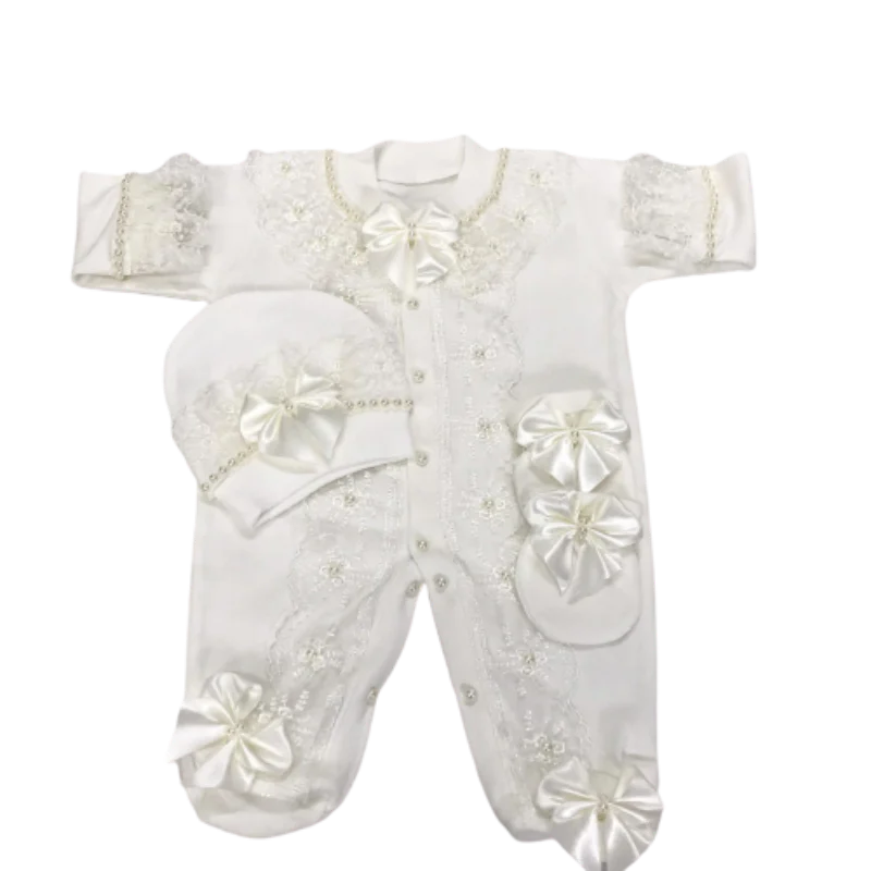 

Elegant White Baby Dedication Romper Handmade Lace Christening Outfit for 0-9 months Baby Girls