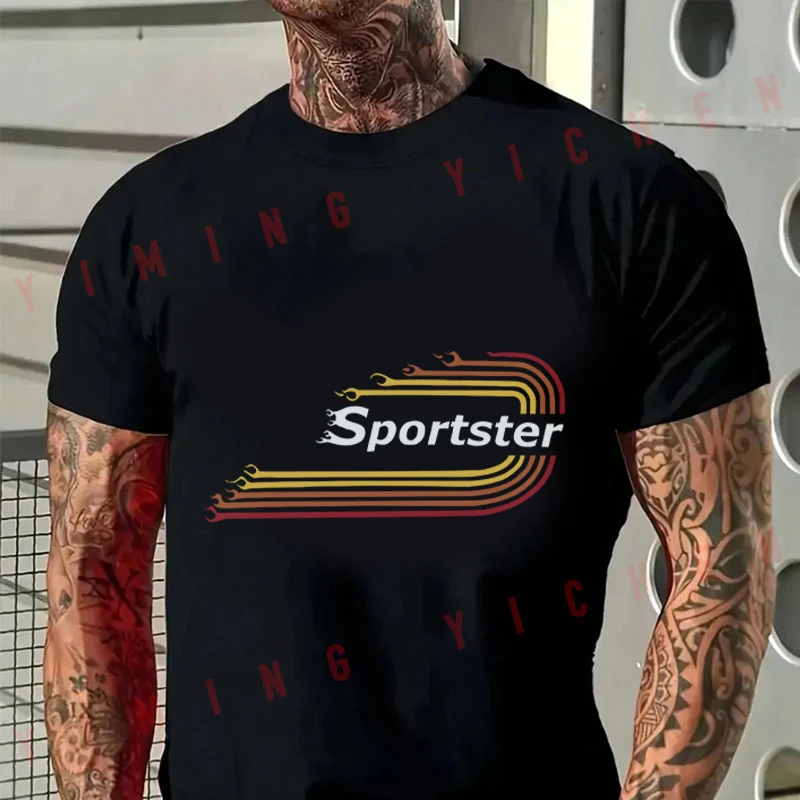 2026 New Parent‑Child Matching Oversized T‑Shirt Unisex Retro Racing Stripe Biker Graphic Front Print Black Streetwear Tops