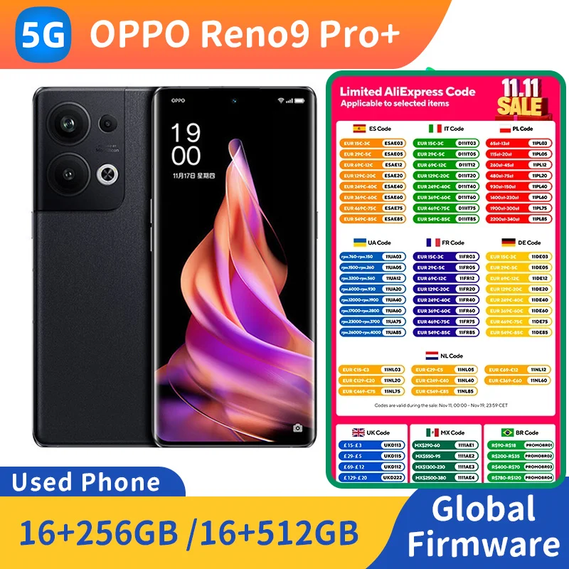 هاتف OPPO Reno 9 Pro+ 5G RAM 16GB ROM 512GB 6.7 بوصة 2412x1080px 4700MP 50MP مستعمل